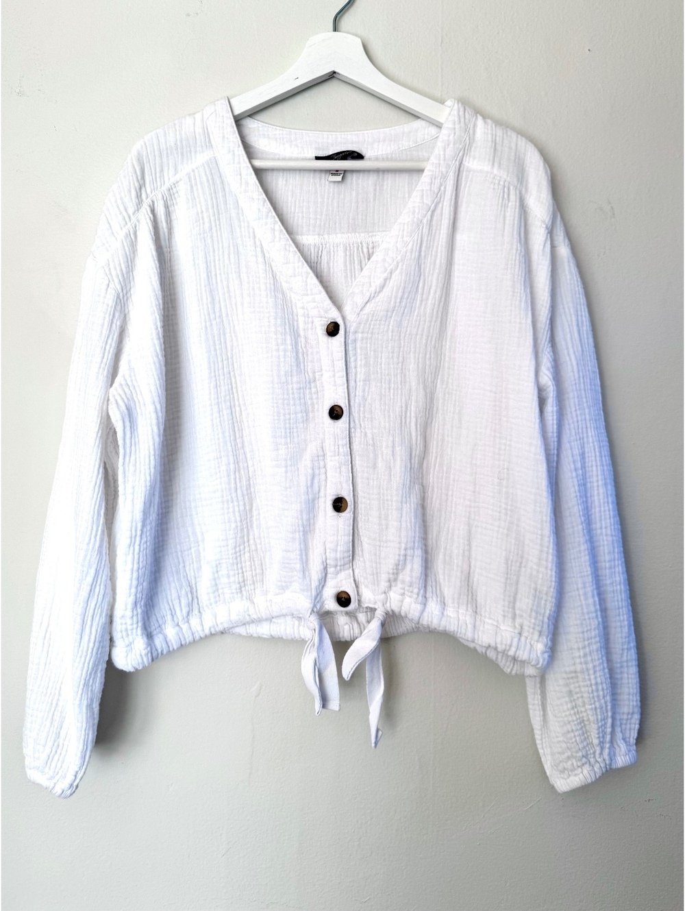 White cotton gauze shirt long sleeve v-neck button up tie waist size S